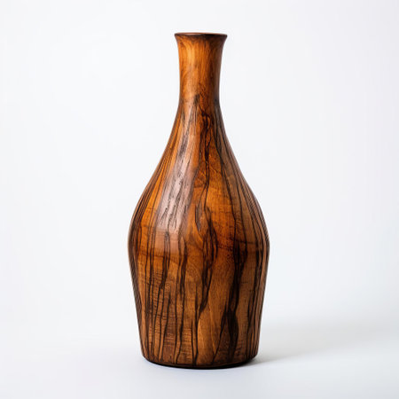 this handmade wood bottle, crafted with precision and care, sits elegantly on a pristine white background, showcasing its full body in all its natural glory, highlighting the beauty of wooden craftsmanship and the simplicity of minimalist design. ai generatedの素材