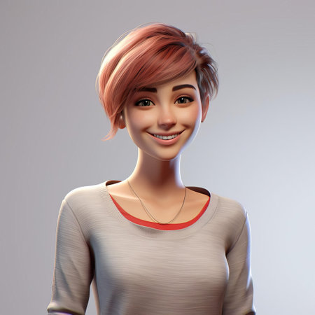 anna, a cheerful 3d character, beams with joy against a pristine white background, showcasing her full body pose and stylish short hair, perfect for digital designs, animations, and illustrations requiring a friendly and approachable female persona. ai generatedの素材