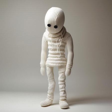 sebastian, a charming knitted 3d character, stands proudly against a pristine white background, showcasing his intricately crafted full body, complete with delicate features and vibrant colors, making for a delightful and whimsical visual treat that's sure to captivate craft enthusiasts and fans of amigurumi art. ai generatedの素材