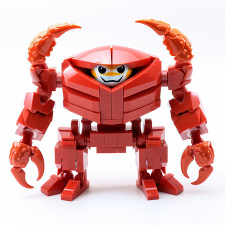 the lego crab superhero, standing proudly on a pristine white background, showcases its vibrant colors and intricate details, highlighting the creativity and imagination that goes into building these beloved toys, perfect for fans of lego minifigures and superhero enthusiasts alike. ai generatedの素材
