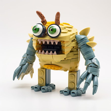 the lego monster creature, standing proudly on a pristine white background, showcases its vibrant colors and intricate details, highlighting the creativity and imagination that goes into building these beloved toys, perfect for fans of lego monsters and creature enthusiasts alike. ai generatedの素材