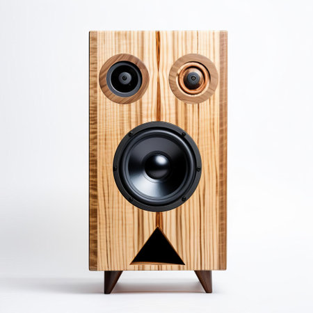 the handmade wood speaker, crafted with precision and care, sits proudly on a pristine white background, showcasing its sleek design and natural wood grain, perfect for audiophiles seeking a unique and eco-friendly sound system solution that combines style and sustainability. ai generatedの素材