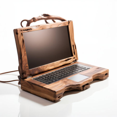 this handmade wood laptop, beautifully crafted with precision and care, sits elegantly on a pristine white background, showcasing its intricate wooden details and sleek design, perfect for woodworking enthusiasts, laptop designers, and anyone who appreciates unique, eco-friendly, and sustainable technology accessories. ai generatedの素材