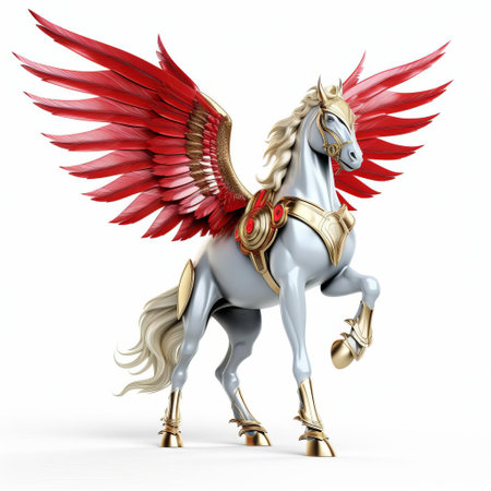 the majestic 3d pegasus, a mythical winged horse, stands proudly in a powerful superhero pose, its gleaming white coat and vibrant wings spread wide, isolated on a crisp white background, evoking a sense of freedom and strength, perfect for fantasy and mythological art, digital illustrations, and superhero designs. ai generatedの素材