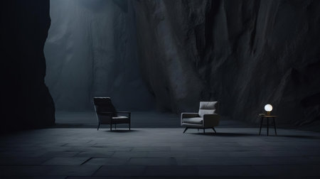 black wooden chairs and stool are arranged in a dark cave, creating a minimalist and elegant atmosphere. the style of the photo is inspired by the hyper-realistic aesthetics of gregory crewdson, with a color palette of dark gray and light gray. the use of screen tones enhances the high-quality and artistic appeal of this captivating image. ai generatedの素材
