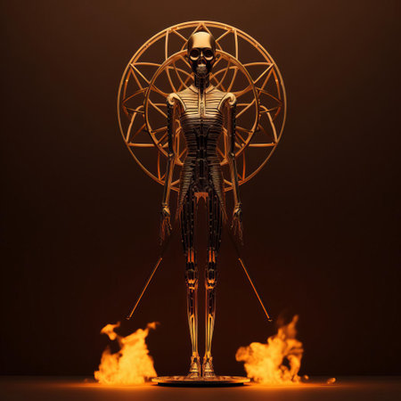 this art deco skeleton stands defiantly in the midst of flames, showcasing a striking blend of intricate detail and thick texture. clearly inspired by the style of bts, this piece also draws on the geometric forms and clean lines of the bauhaus movement. perfect for those who appreciate meticulous craftsmanship and bold design. ai generatedの素材