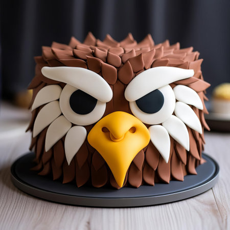 a bird-themed cake with a frosted head, featuring a depth of field effect. this unique cake showcases geometric animal figures in a patriotic design, with dark yellow and brown colors. the high-resolution uhd image captures the intricate details of the cake, created using cryengine technology. inspired by the northwest school, this cake is a true work of art. ai generatedの素材