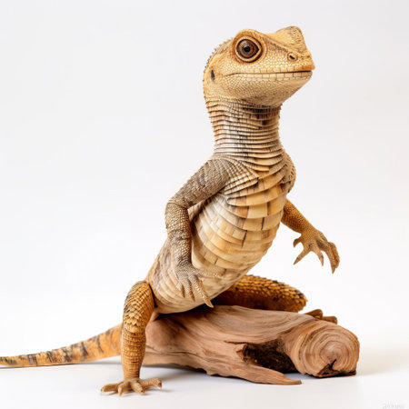 this handmade wood lizard, crafted with precision and detail, sits proudly on a pristine white background, showcasing its intricately carved full body, highlighting the artisan's skill in woodworking, perfect for decorative purposes or as a unique gift for reptile enthusiasts. ai generatedの素材