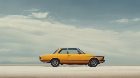 an old car sits on a sandy field, showcasing minimal retouching. with a dark yellow hue, this classic vehicle stands out in 32k uhd resolution. the auto body works are evident, complemented by minimalist grids. the car's light orange and light gray tones add to its vintage charm. ai generatedの素材