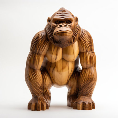 this intricately crafted handmade wood gorilla, set against a pristine white background, showcases the artisan's exceptional skill in capturing the majestic creature's full body, from its powerful muscles to its expressive facial features, evoking a sense of wildness and serenity. ai generatedの素材