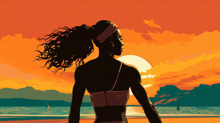 a woman in a running top stands on the beach, her silhouette capturing the essence of afro-caribbean influence. this poster art showcases serene faces and bold colorism, while the fictional landscapes and detailed character design add depth. the stark contrast adds to the overall impact of the image. ai generatedの素材
