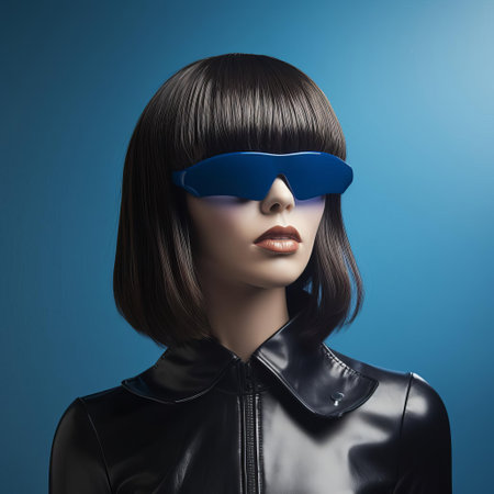 a woman in a leather jacket, sunglasses, and hairband stands in a futuristic retro style. the photograph showcases a combination of dark azure and sky-blue tones, creating a hyperreal effect. the image has a plastic-like quality, with smooth and polished textures. the colors are sharp and vivid, capturing the attention of the viewer. ai generatedの素材