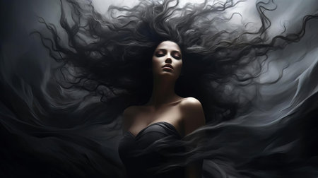 a stunning woman with flowing long black hair walks gracefully in a white wind, captured in the style of dark and dramatic chiaroscuro portraits. this mesmerizing image by mark lovett showcases the artist's ability to depict trapped emotions through the wavy and flowing forms. the solarization effect adds an intriguing touch to this captivating photograph by olivier valsecchi. ai generatedの素材