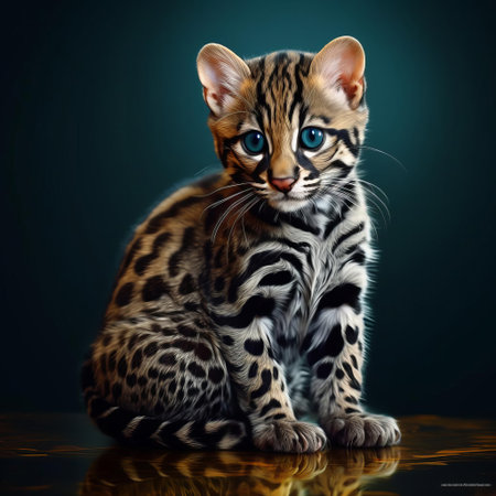 a small black and white kitten is sitting on a table, showcasing the vibrant colors and realistic style of digital art techniques. this captivating piece of artwork draws inspiration from the bengal school of art and indonesian art, with its dark gold and light emerald hues. the composition is further enhanced by the use of dark cyan and brown tones, creating a visually striking imageの素材