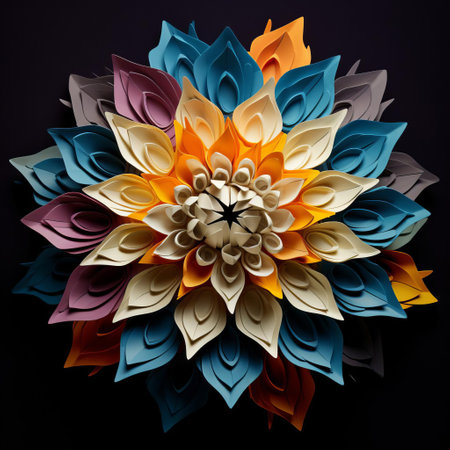 a 3-dimensional paper flower is beautifully arranged on a black surface, showcasing intricate designs and vibrant color palettes. this stunning installation, captured with a hasselblad 500cm, features multilayered dimensions and a style reminiscent of light indigo and amber. the precisionist craftsmanship and colorful elements make this artwork truly captivating. ai generatedの素材