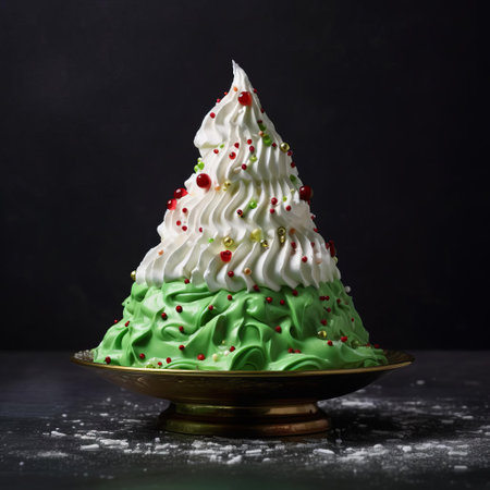 a delicious cupcake featuring a christmas pudding with a tree on top. the cupcake is beautifully decorated in fluid formations, with a light green and white color scheme. the matte photo captures the precisionist details of the design, showcasing the light crimson and emerald hues. this innovative and theatrical creation showcases unique techniques. ai generatedの素材