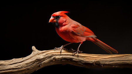 an american cardinal bird perched on a tree stump, showcased in a high-quality stock photo with a black background. this taxidermy-inspired image captures the bird's vibrant red and emerald feathers, highlighting its sensitivity to the natural world. the matte finish and 8k resolution enhance the visual appeal of this stunning photo. ai generatedの素材