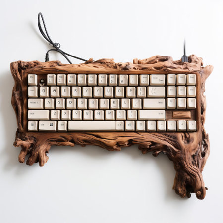 this handmade wood keyboard, showcased on a pristine white background, exudes elegance and sophistication, perfect for woodworking enthusiasts, diy projects, and those seeking unique computer accessories, highlighting the beauty of natural wood grains and craftsmanship in modern technology. ai generatedの素材