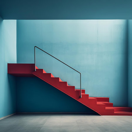 red concrete staircase in an empty room, showcasing bold modernism with its light turquoise and navy color scheme. the moody colors and playful postmodernism create a visually striking atmosphere. the muted color palette adds a touch of mid-century modern design, while spot metering enhances the overall composition. ai generatedの素材