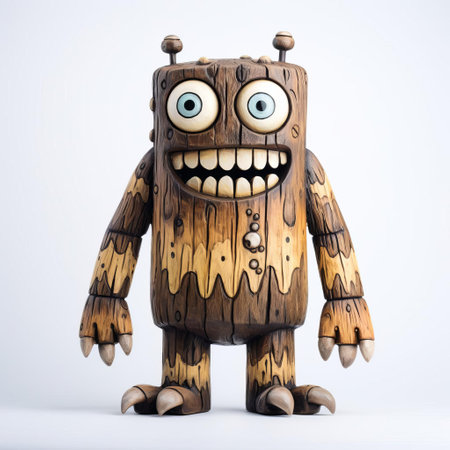 the wooden monster, crafted with precision and care, stands proudly on a pristine white background, showcasing its intricately carved body, from its menacing eyes to its razor-sharp claws, a true masterpiece of handmade wooden art, perfect for fans of fantasy and horror decor. ai generatedの素材