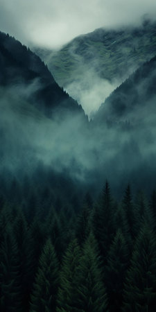 a mesmerizing 8k resolution photograph showcasing a mystical forest enveloped in dense fog and mist. the dark teal and dark emerald hues add an enchanting touch to the scene. with mountainous vistas and intricate background elements, this dreamscape portraiture captures the essence of forestpunk and supernatural realism. ai generatedの素材