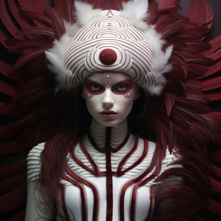 a woman dressed in feathers, showcasing the beauty of red in surreal cyberpunk iconography. her attire, a mix of light maroon and white, features organic sculpting, masks, and totems. the anime-inspired look is captured on 70mm film, highlighting intricate and bizarre illustrations. ai generatedの素材
