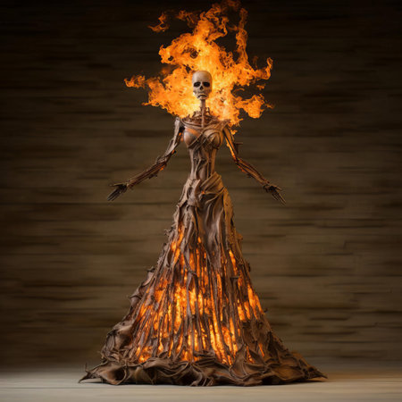 "a surreal skeleton stands in flames, inspired by selena gomez, showcasing meticulous detail and thick texture. this installation art-inspired piece evokes a sense of mystery and intrigue.", ai generatedの素材