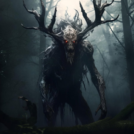 descend into the shadowy forest depths, where dreams and nightmares merge. witness the eerie, unsettling figure lurking, a creature of the darkest tales. fur covered, glowing eyes piercing the gloom, it embodies the fear of the unknown. a chilling presence, the stuff of restless sleep. confront the unsettling aura of this forest creature, daring you to look away. ai generatedの素材