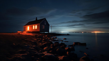 night sky with stars illuminating a serene and peaceful ambiance, captured in the style of seaside scenes. this evocative environmental portrait showcases haunting houses amidst the breathtaking norwegian nature. the use of vray tracing enhances the light amber and red hues, creating a captivating visual experience. ai generatedの素材
