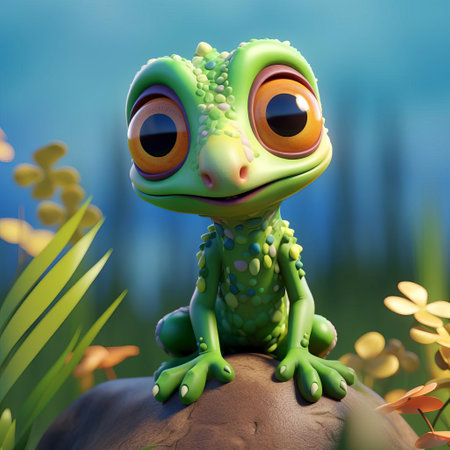 a green lizard perches on a rock in this cartoonish character design rendered in cinema4d. the dotted, charming character stands out against the light-filled scene, showcasing lush detailing. this realistic animal portrait captures the vibrant essence of the lizard, making it a captivating subject for any viewer. ai generatedの素材