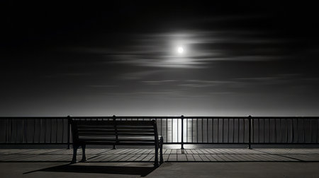a man sits on a bench, gazing at the moonlight. the monochromatic depth of the scene, combined with the seaside vistas, creates a captivating ambiance. the dark silver and black tones add a touch of mystery. this stunning image is digitally enhanced using unreal engine 5, showcasing the artistic influence of hiroshi nagai. prepare to be amazed by the sheer beauty of this composition. aiの素材