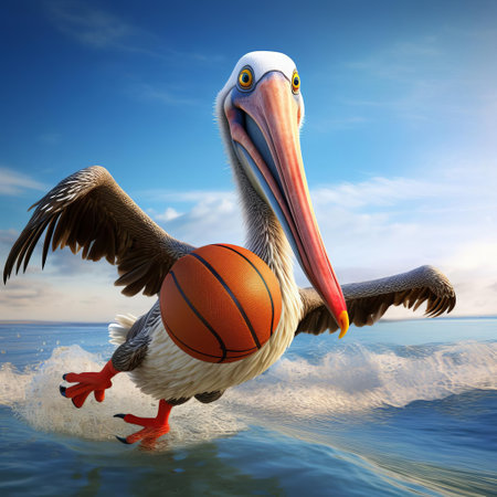 a bird walks into the water, carrying a basketball, in this photorealistic rendering. the cartoony characters and lively seascapes create an imax-like experience. the strong facial expression and action-packed cartoons are reminiscent of john wilhelm's style. ai generatedの素材