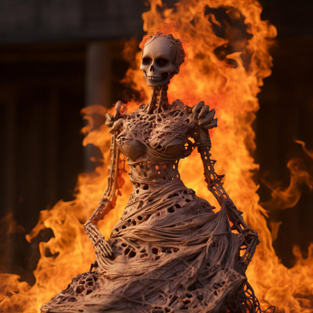 "a surreal skeleton stands in flames, evoking the style of selena gomez, in this meticulously detailed installation art-inspired piece. thick texture adds depth to the provocative image, making it a striking representation of the pop culture icon.", ai generatedの素材