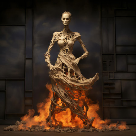 "a surreal skeleton stands in flames, intricately depicted in an installation art-inspired style, echoing the essence of selena gomez. the piece boasts meticulous detail and thick texture, embodying the pop culture icon's spirit in a captivating and thought-provoking manner.", ai generatedの素材