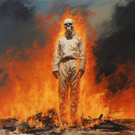 a striking depiction of a realism skeleton standing in the heart of a fiery blaze, this artwork embodies the unique style of kanye west. with meticulous attention to detail, the skeleton is brought to life through thick, textured brushstrokes, reminiscent of expressionism. the fiery backdrop adds an intense, dramatic flair, making this piece a true masterpiece of contemporary art. ai generatedの素材