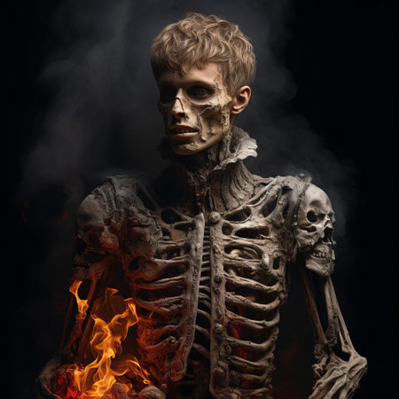 "a renaissance-style skeleton stands in the midst of flames, embodying a unique fusion of historical art and contemporary pop culture. inspired by justin bieber, this photorealistic masterpiece boasts meticulous detail and thick texture, offering a captivating exploration of contrasts and connections.", ai generatedの素材