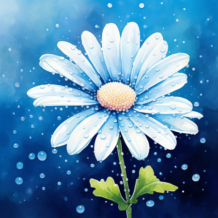 water droplet daisy, a charming character illustration of a flower in water drop form with a blue background. this realistic watercolor painting showcases green flowers in a unique and captivating style. the dark white and light blue hues create a mesmerizing effect, making it a perfect choice for large canvas sizes. this contest-winning illustration is reminiscent of plein air paintings. ai generatedの素材