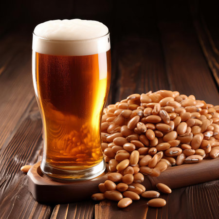 a beer glass, inspired by neogeo and american consumer culture, is placed alongside a pile of grain. this composition reflects the artistic influences of edward poynter and seth macfarlane, while also embodying a natural and organic aesthetic. the utilization of these elements creates a visually captivating image. ai generatedの素材