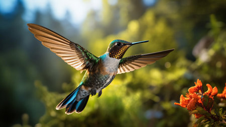 a hummingbird in mid-air, its iridescent feathers glistening in the sunlight, is captured in stunning detail with the nikon d850's exceptional 45.7-megapixel resolution, showcasing its remarkable wings beating at an incredible 80 times per second, a true marvel of nature and photography. ai generatedの素材