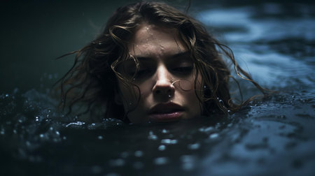 a woman drowning in the water, her head submerged, captured in the atmospheric and moody lighting of the american barbizon school. this 8k photograph showcases an intense emotional expression, with the use of a rollei prego 90 camera to capture the lush detailing and the woman's intense gaze. ai generatedの素材