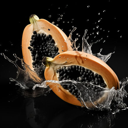 a papaya split open and splashed with water on a black background. this fresh fruit of summer is captured in a surrealistic installation with softbox lighting. the dark beige and dark aquamarine tones add a unique style to the image. the photograph showcases traditional craftsmanship and exquisite attention to detail, creating lifelike renderings. perfect for health goth enthusiasts. ai generatedの素材