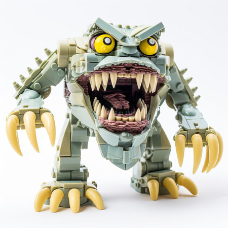 the lego monster creature, standing proudly on a pristine white background, showcases its vibrant colors and intricate details, featuring a full-body shot of the beloved toy's imaginative design, perfect for kids and adults alike who love creative play and collectible figurines. ai generatedの素材