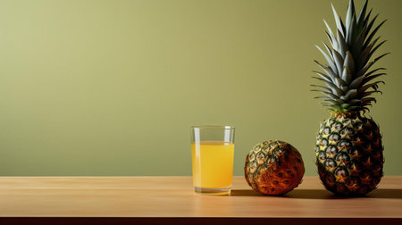 a refreshing glass of pineapple juice sits elegantly on a minimalist table setting, capturing a varied angle that showcases the vibrant yellow color and tantalizing texture of the tropical drink, perfect for a summer afternoon or a healthy breakfast routine. ai generatedの素材