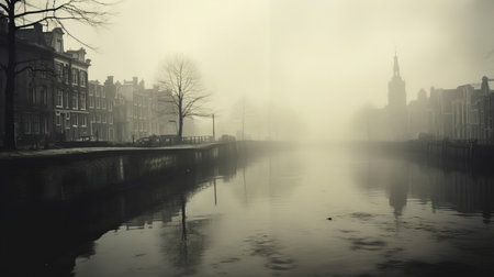 the netherlands landscape, shrouded in darkness, exudes an eerie atmosphere in this retro-style polaroid photo, capturing the country's desolate beauty, evoking feelings of mystery and solitude, reminiscent of a hauntingly beautiful dutch winter morning, with its gloomy skies and barren landscapes. ai generatedの素材