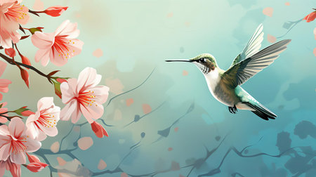 this serene hummingbird illustration exudes a peaceful and calm feeling, showcasing the majestic bird's vibrant plumage and delicate features amidst lush greenery, evoking a sense of tranquility and harmony, perfect for nature lovers and art enthusiasts alike, highlighting the beauty of wildlife and the importance of conservation. ai generatedの素材