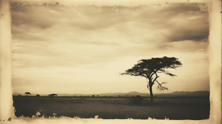 the abandoned landscape of tanzania is captured in this haunting polaroid retro photo, evoking a sense of desolation and mystery, with its dark and eerie tones transporting viewers to a forsaken world, reminiscent of a bygone era, where the beauty of the african savannah meets the nostalgia of vintage photography. ai generatedの素材