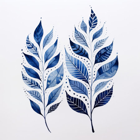 indigo leaves, delicately drawn on a subtle background, exude a sense of serenity in this minimalist artwork, evoking feelings of calmness and tranquility, perfect for nature-inspired home decor or as a soothing wallpaper, featuring botanical illustrations in a modern, simple, and elegant style. ai generatedの素材