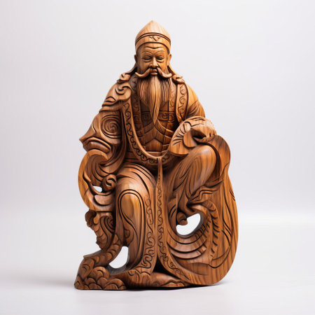 the handmade wood oriental figurine, beautifully crafted with intricate details, stands proudly on a pristine white background, showcasing its exquisite full-body design, perfect for decorative enthusiasts and collectors of traditional eastern-inspired wooden art and sculptures. ai generatedの素材