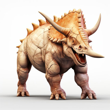 the triceratops horridus, a majestic dinosaur, is showcased in stunning 3d cartoon form, standing proudly against a crisp white background, its distinctive frill and three horns taking center stage in this beautifully rendered full-body illustration, perfect for educational and creative projects. ai generatedの素材