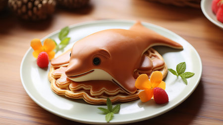 this delightful dolphin-shaped pancakes pastry is a sweet treat that's almost too cute to eat, featuring a fluffy and golden-brown breakfast delight, perfect for kids and adults alike, ideal for special occasions or a fun brunch idea, showcasing culinary creativity and artistry. ai generatedの素材